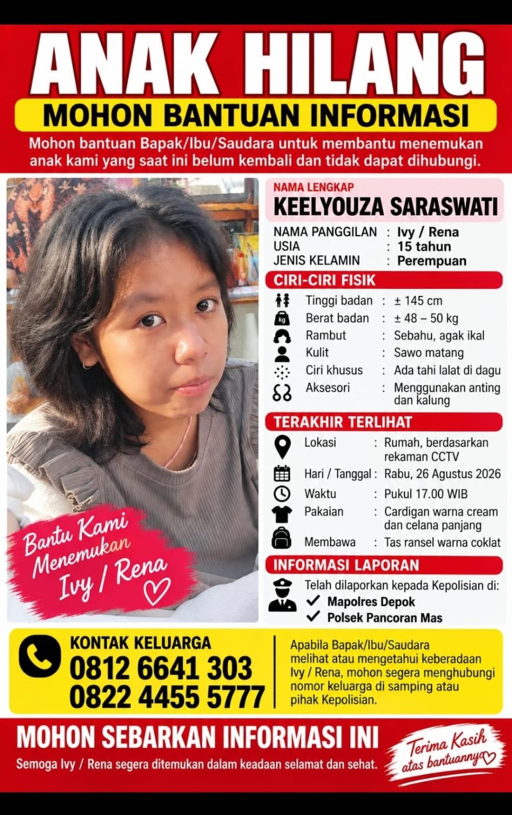 Orang Hilang ... !!! Hohon di Infokan Jika Menemukannya Pada Kontak Dibawah Ini